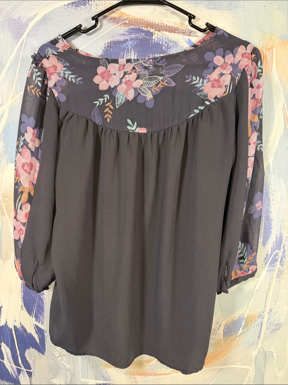 Lauren Conrad Dark Plum Purple Floral Blouse Ruffle Boho Long Sleeve M - Picture 6 of 9
